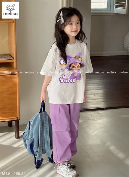 Set bộ bé gái áo thun trắng Baby Three thỏ tím mắt nước phối quần dài tím túi hộp rút dây gấu quần