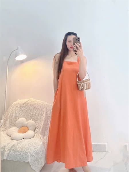 Đầm nữ thiết kế cổ vuông form suông bo thun ngang lưng cột dây nơ