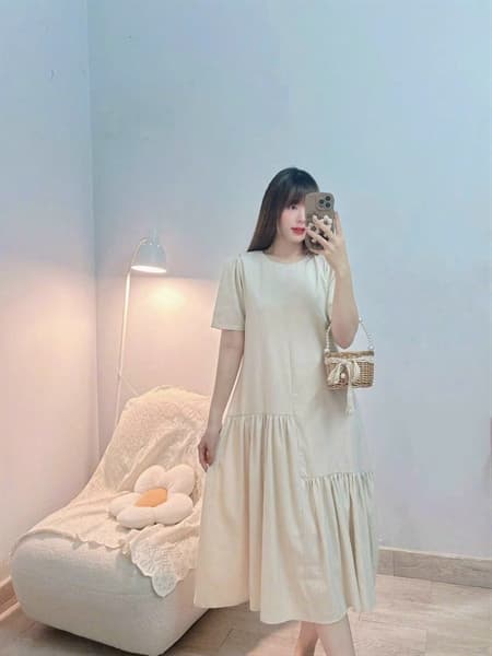 Đầm nữ thiết kế linen cổ tròn tay ngắn đuôi cá lệch cách điệu